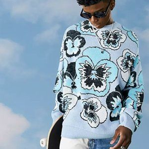 ASOS Men's Light Blue Pansy Print Jacquard Knit Crewneck Sweater - XS